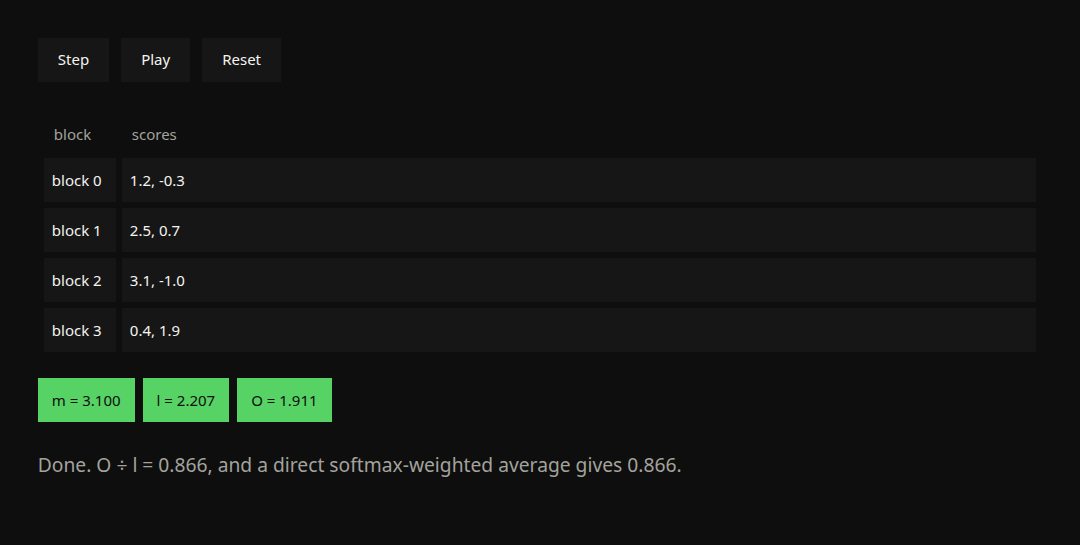 Done: O ÷ l equals the direct softmax-weighted average.